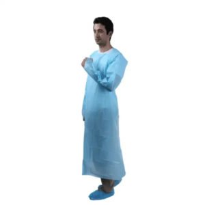 High-quality blue disposable CPE gown (40–50 gsm) with long sleeves and thumb loops, designed to provide durable, waterproof protection.