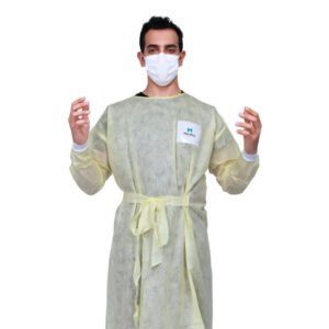 China Yellow Level 1 Disposable Non Woven 25gsm PP Isolation Gown with Knitted Cuff